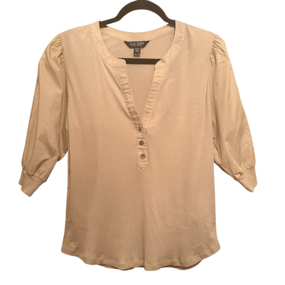 Ralph Lauren Puff-Sleeve Cotton-Blend Henley Tee - Picture 2 of 7